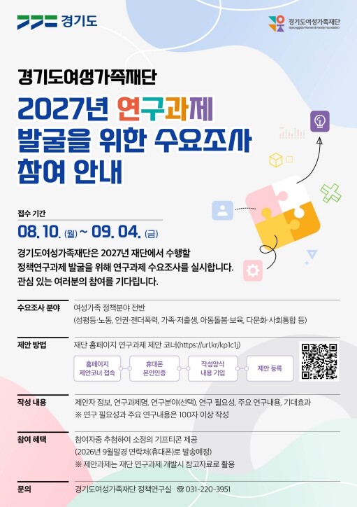 경기도여성가족재단, 2027년 연구과...
